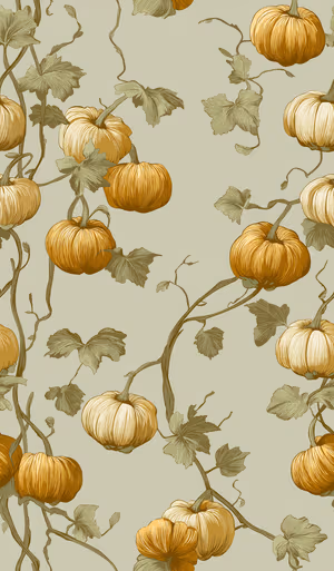 Vintage botanical pumpkin vines centered on a sage background with warm amber pumpkins ultra hd image