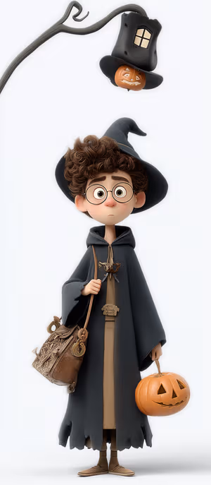3D stylized pumpkin witch centered on a pale background with a dark cloak and orange pumpkin, ultra hd image