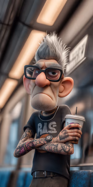 High detail 3D portrait of a tattooed punk grandpa with glasses and coffee on a muted gray amber subway background, ultra hd.