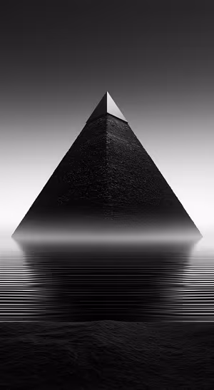 Minimalist black pyramid centered above reflective water in a monochrome geometric aesthetic.
