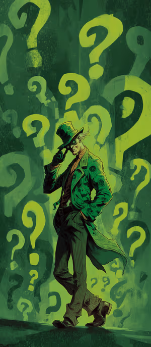 Comic illustration mysterious man with neon question marks on a dark green background in comic neon aesthetic, ultra HD.