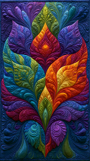 Ornamental quilted leaves centered on a jewel tone background with intricate feathered embroidery, ultra hd image