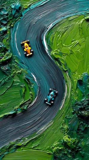 Impasto racetrack with two miniature race cars centered on a green teal textured background, ultra HD 8K phone image.