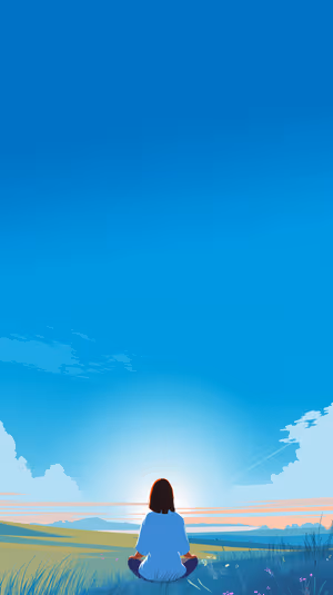 Minimalist sunrise meditation silhouette centered on soft blue sky and grassy hill, calming aesthetic ultra HD image.