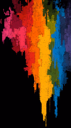 Abstract glitch rainbow drips centered on a black background in a vibrant pixelated digital abstract aesthetic, ultra HD image.