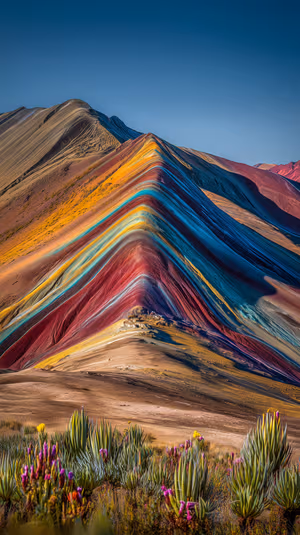 Striped landscape Rainbow Mountain centered on a multicolor backdrop with alpine wildflowers, ultra HD 8K image