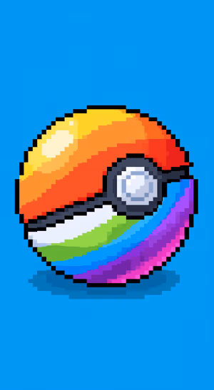 Retro pixel art rainbow ball centered on a blue background in a colorful pixel aesthetic.