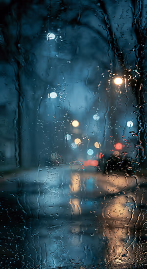 Lofi rainy city scene behind wet glass with blue tones and glowing bokeh lights