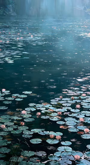 Painterly water lily pond centered on a teal blue background in a watercolor aesthetic.