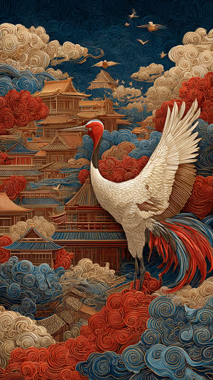 Ornate Japanese illustration of a red crowned crane over temple roofs against gold, red and blue swirling clouds ultra HD 8K image.
