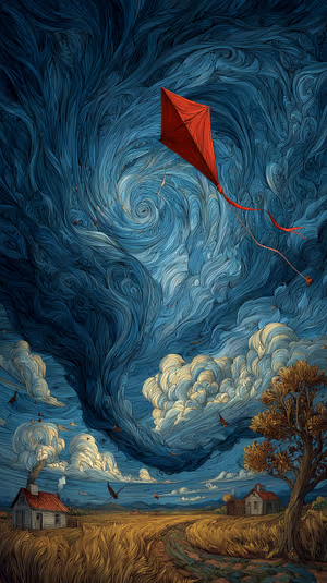 Surreal textured red diamond kite centered over a swirling blue storm sky and golden wheat fields, ultra HD 8K background image