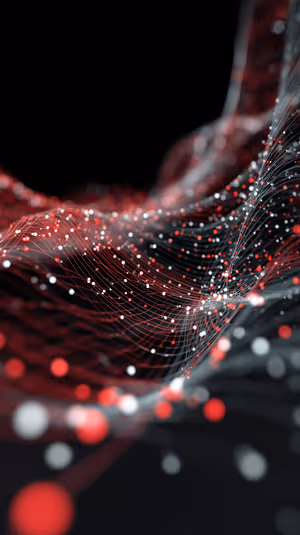 Tech abstract red and white particle wave over a dark grid with bokeh highlights, ultra HD 8K wallpaper