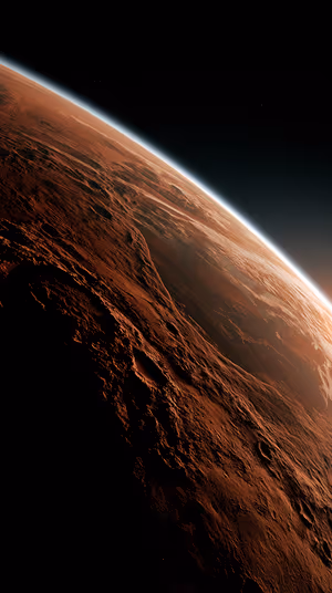 Photorealistic planetary surface centered on red orange background with crater detail and thin limb glow, ultra HD image.