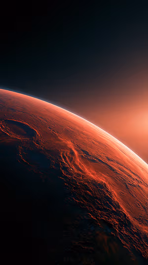 Cinematic red planet rim and cratered surface with black to orange space gradient, ultra hd 8K vertical background