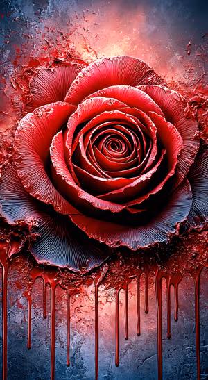 Dark abstract red rose centered on a black and blue background in a dramatic aesthetic.