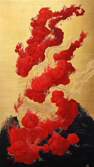 Fiery abstract painting of red smoke and gold brushstrokes on a dark base ultra HD 8K image.