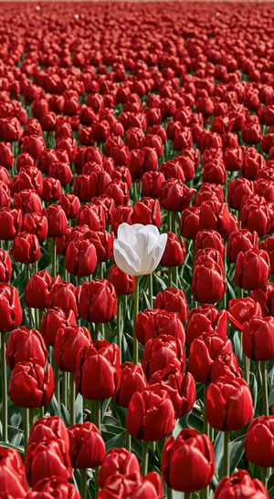 Photorealistic red tulip field with a single white bloom centered against green foliage, an ultra HD spring background.