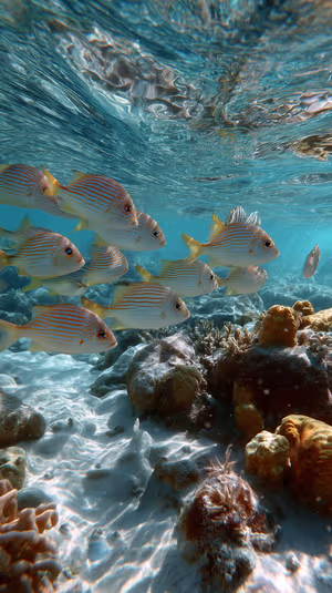 Photorealistic school of reef fish over a turquoise seabed with sunlit water surface, ultra hd 8K image
