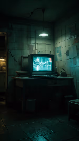 Retro cyberpunk computer in a teal lit tiled room with glowing CRT and wet reflections ultra HD 8K background.