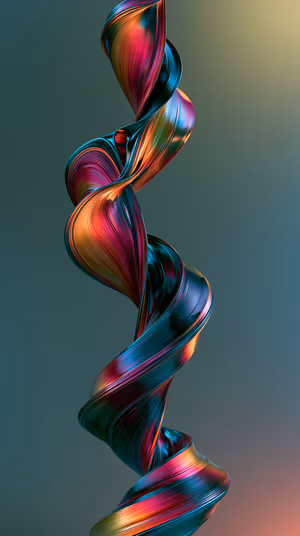 Iridescent abstract ribbon helix centered on a muted teal background in glossy, multicolor ultra hd aesthetic.