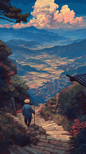 Illustrated rice terrace valley with a lone farmer descending stone steps under pink clouds ultra hd 8K iPhone background.