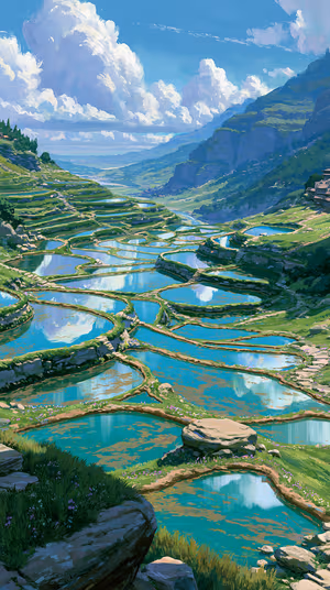 Painterly terraced rice pools centered on a blue green valley background in a luminous painterly aesthetic (ultra HD 8K).