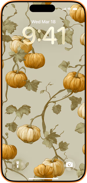 Wallpaper preview on iPhone 17 Pro Max running iOS 26 - Golden Pumpkin Vines