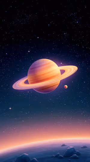 Dreamy illustrative ringed planet over an orange purple starfield and rocky horizon ultra HD 8K background