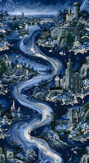 Painterly river and castles flowing through a midnight blue landscape with bridges, swans, and sailboats