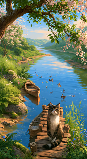Digital painting of a cat by a blue river with pink blossoms and green foliage in a spring aesthetic