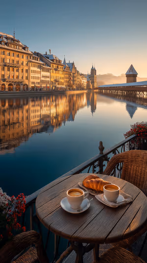 Cozy photographic riverside coffee and croissant on a golden sunrise balcony with covered bridge reflections ultra HD image