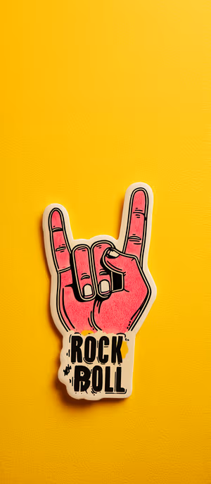 Pop art rock hand sticker on textured yellow background with pink accents ultra hd 8K phone background.