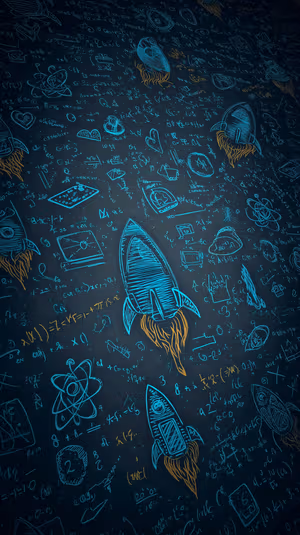 Chalkboard style rocket sketches and atomic symbols on a dark teal background in sketch aesthetic, ultra hd 8K mobile image.