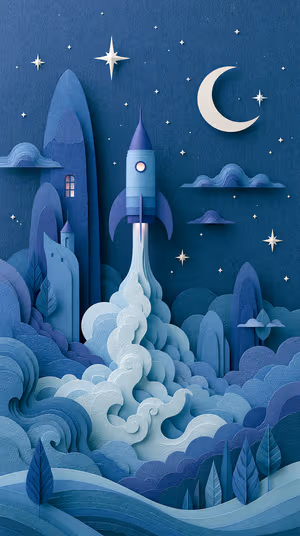 Layered papercraft rocket centered on a midnight blue background in textured paper cut aesthetic, ultra hd image