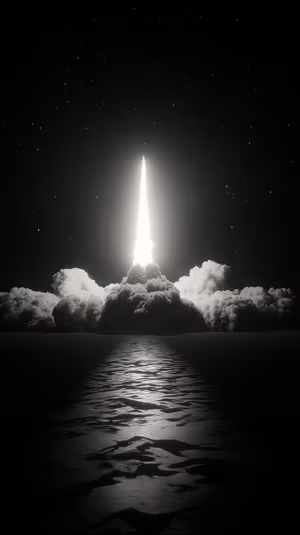 Cinematic rocket launch centered on a black and white sky with a reflective sand path, ultra HD 8K background.