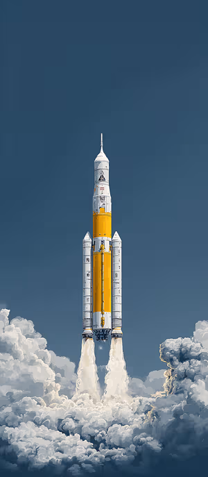 Retro futuristic illustrated rocket launch with a yellow core against a blue gray sky and billowing clouds ultra hd