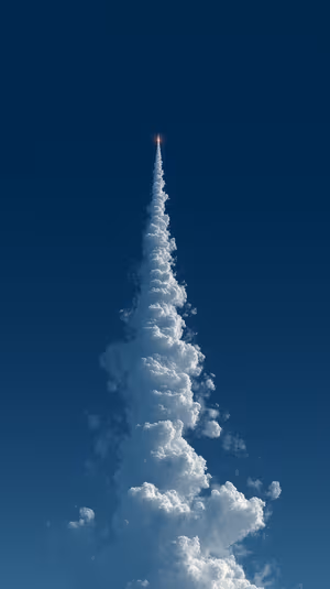 Minimalist rocket launch centered on deep blue sky with a towering white cloud plume ultra HD 8K mobile background.