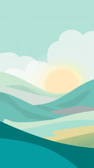 Minimalist rolling hills sunrise on a mint teal background in a pastel flat aesthetic ultra hd 8K image