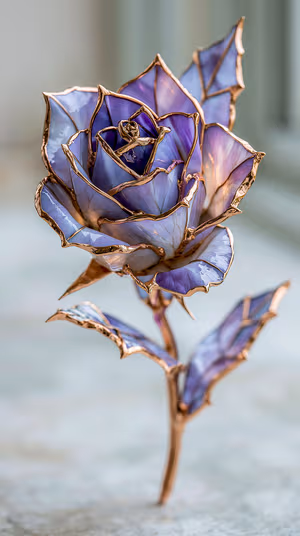 Enamel style rose with gold trim centered on a soft lavender background in a luxurious, high detail aesthetic, ultra HD