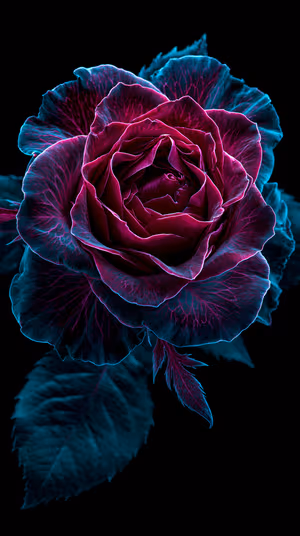 Neon macro rose centered on a black background with magenta petals and teal edge glow, ultra HD 8K floral image