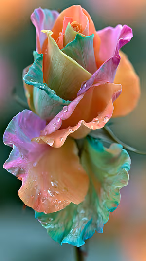 Macro pastel rainbow rose with dewdrops centered on a soft pastel background ultra hd floral close up.