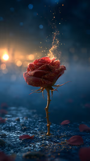 Cinematic enchanted red rose with gold dust and sparkles on a deep blue bokeh background, ultra HD 8K phone background