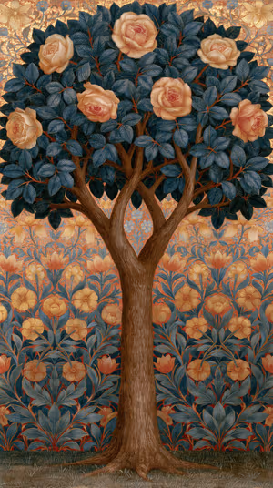 Victorian Arts & Crafts rose tree centered on a gold and teal floral tapestry background in ornate vintage aesthetic, ultra HD image