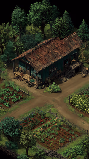 Isometric pixel art rustic farmhouse centered on green countryside tones in a nostalgic cozy aesthetic, ultra hd image