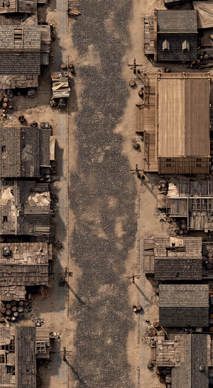 Aerial rustic village street in vintage style with brown and gray tones.