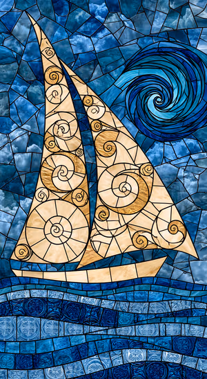 Stained glass sailboat centered on a blue background in a stained glass aesthetic.