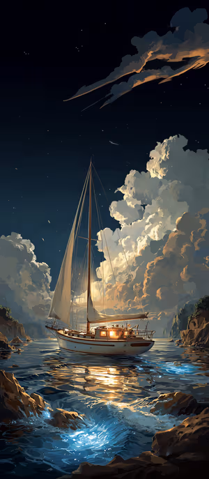 Cinematic sailboat centered on a midnight teal bioluminescent sea under a starry sky ultra HD background