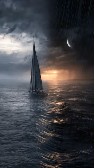 Cinematic sailboat on a navy and amber sea with rain and crescent moon, ultra HD ocean scene