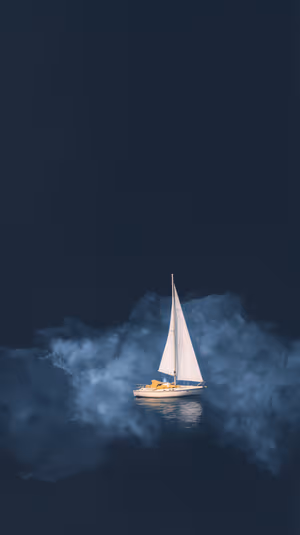 Minimalist sailboat centered on a deep navy background with a misty cloud halo, ultra HD 8K image.