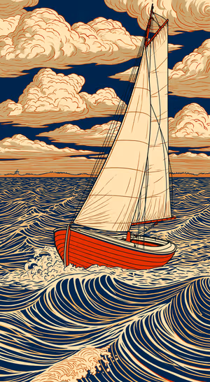 Vintage sailboat centered on a navy background in a retro nautical aesthetic.